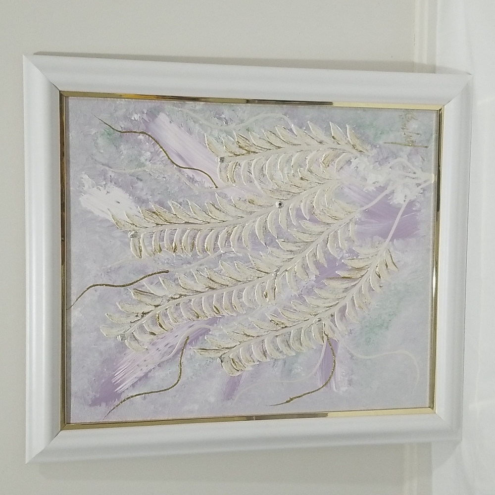 NWOT! Personal Preference "Leaves of White. Gold and Lilac" Framed Wall Painting